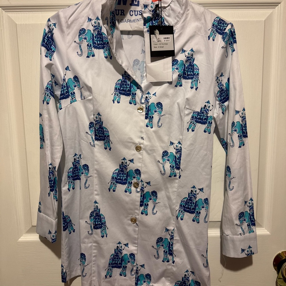 White Shirt with Blue Elephant Print